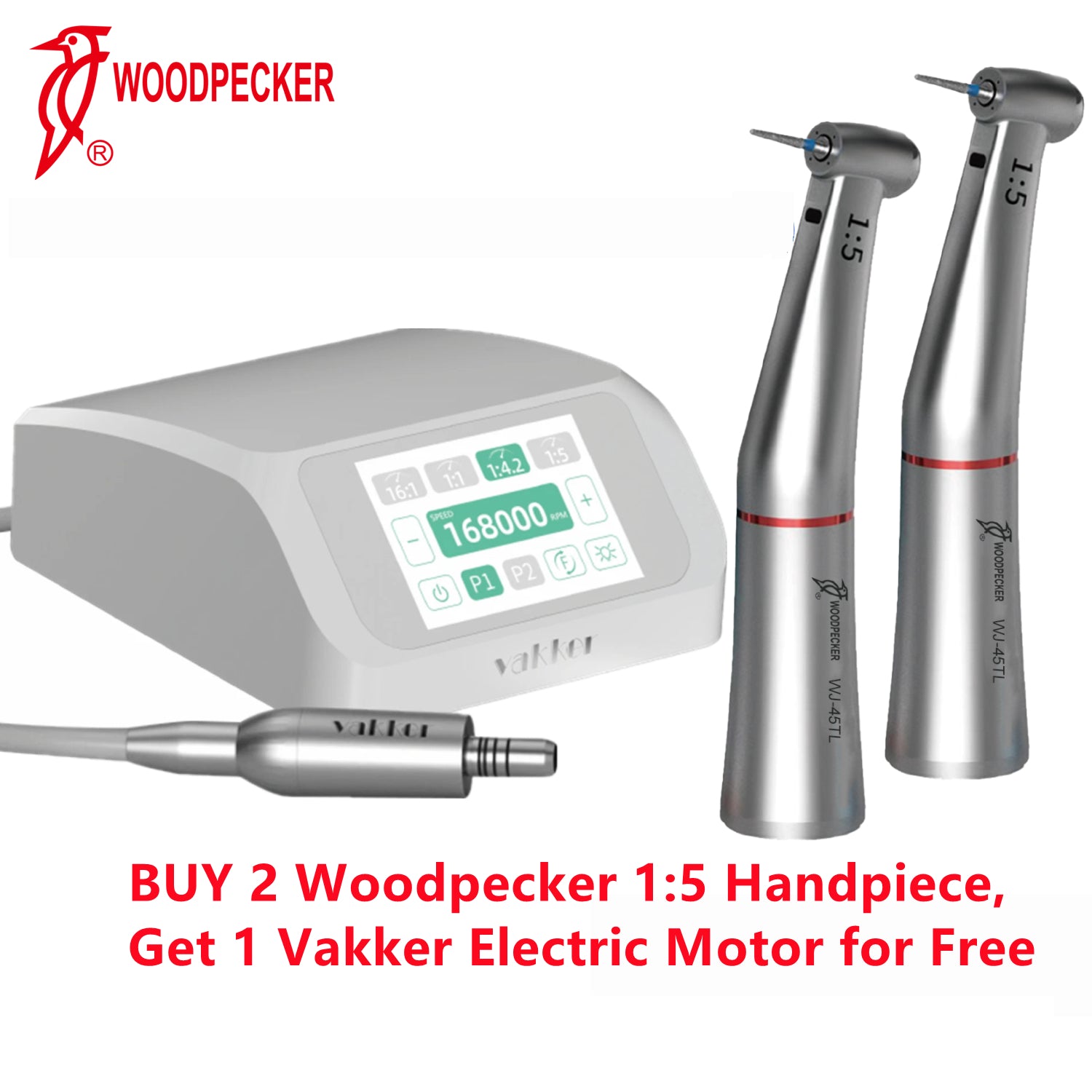 Woodpecker® 1:5 Electric Handpiece w/ Fiber Optic--Buy 2 get 1 Vakker ElecticMotor for Free