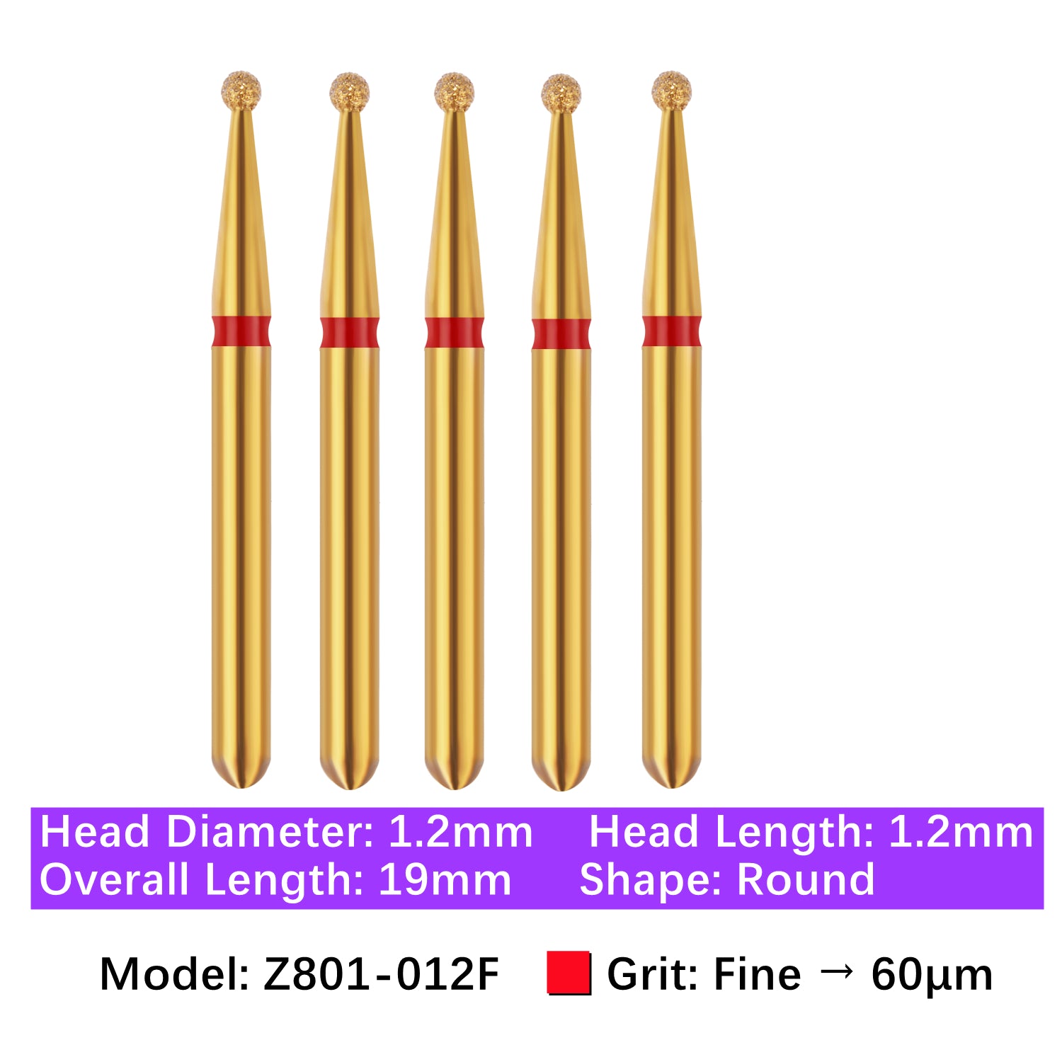 Vakker® Zirconia Cutting Diamond Bur, Z FG # 801-012F, Fine Grit, 5/pk