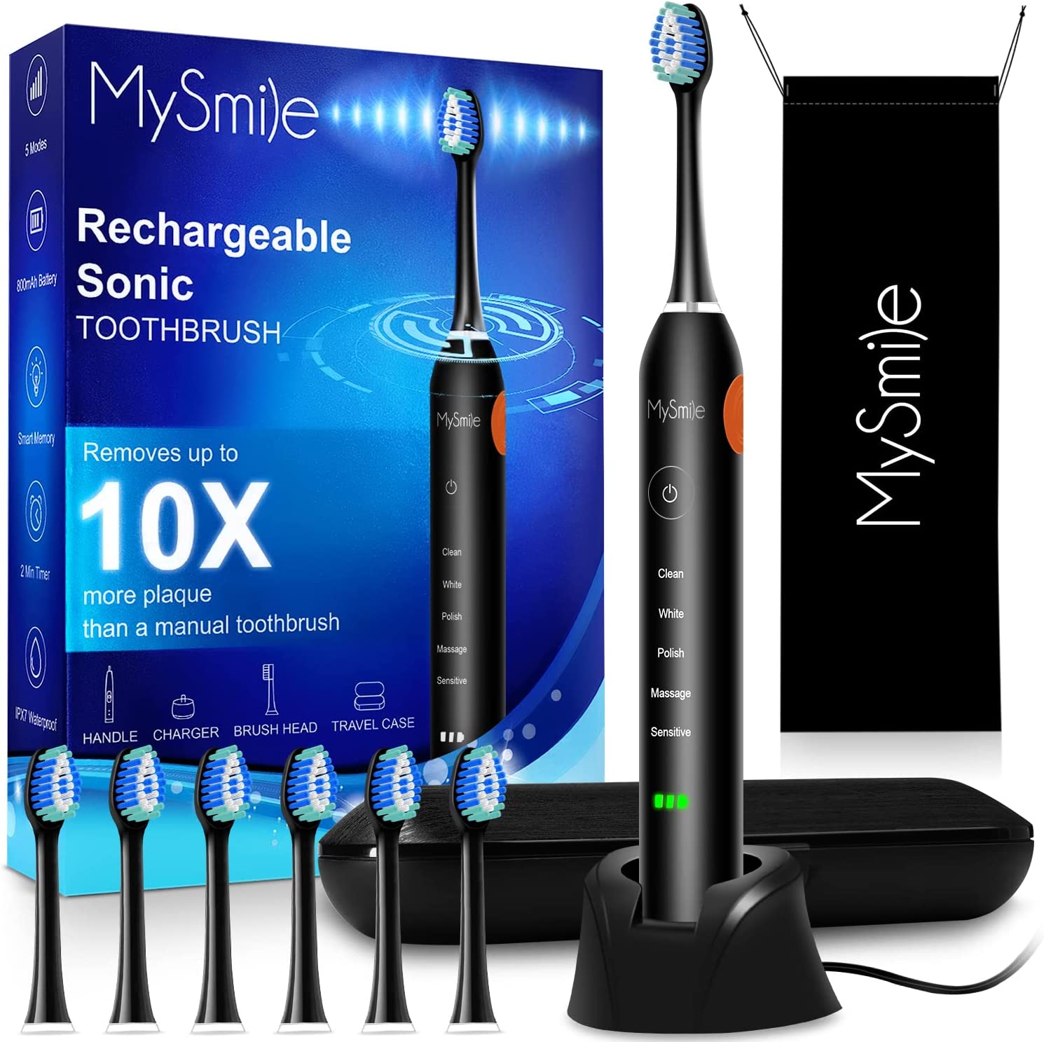 MySmile® Rechargeable Sonic Electronic Toothbrush with 6 Brush Heads & Travel Case