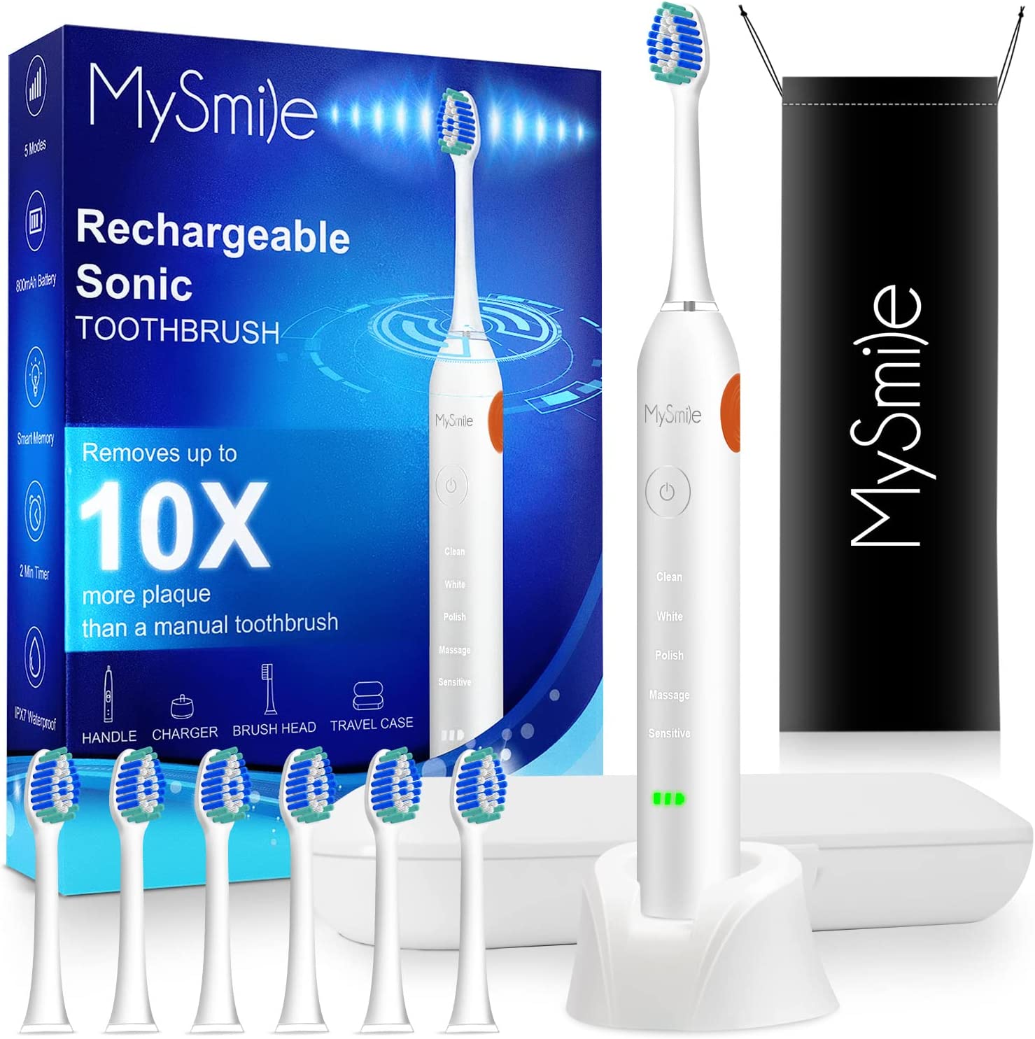 MySmile® Rechargeable Sonic Electronic Toothbrush with 6 Brush Heads & Travel Case