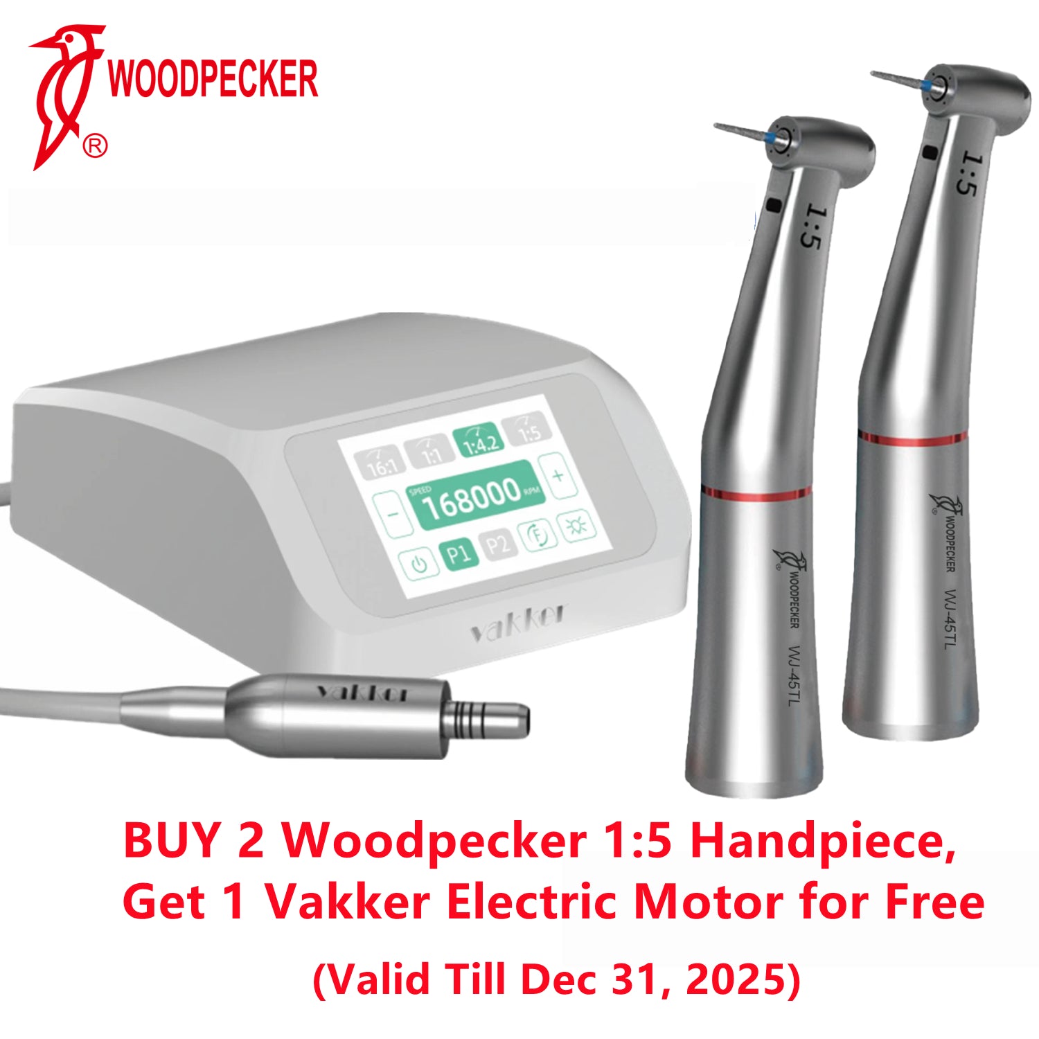 Woodpecker® 1:5 Electric Handpiece w/ Fiber Optic--Buy 2 get 1 Vakker ElecticMotor for Free