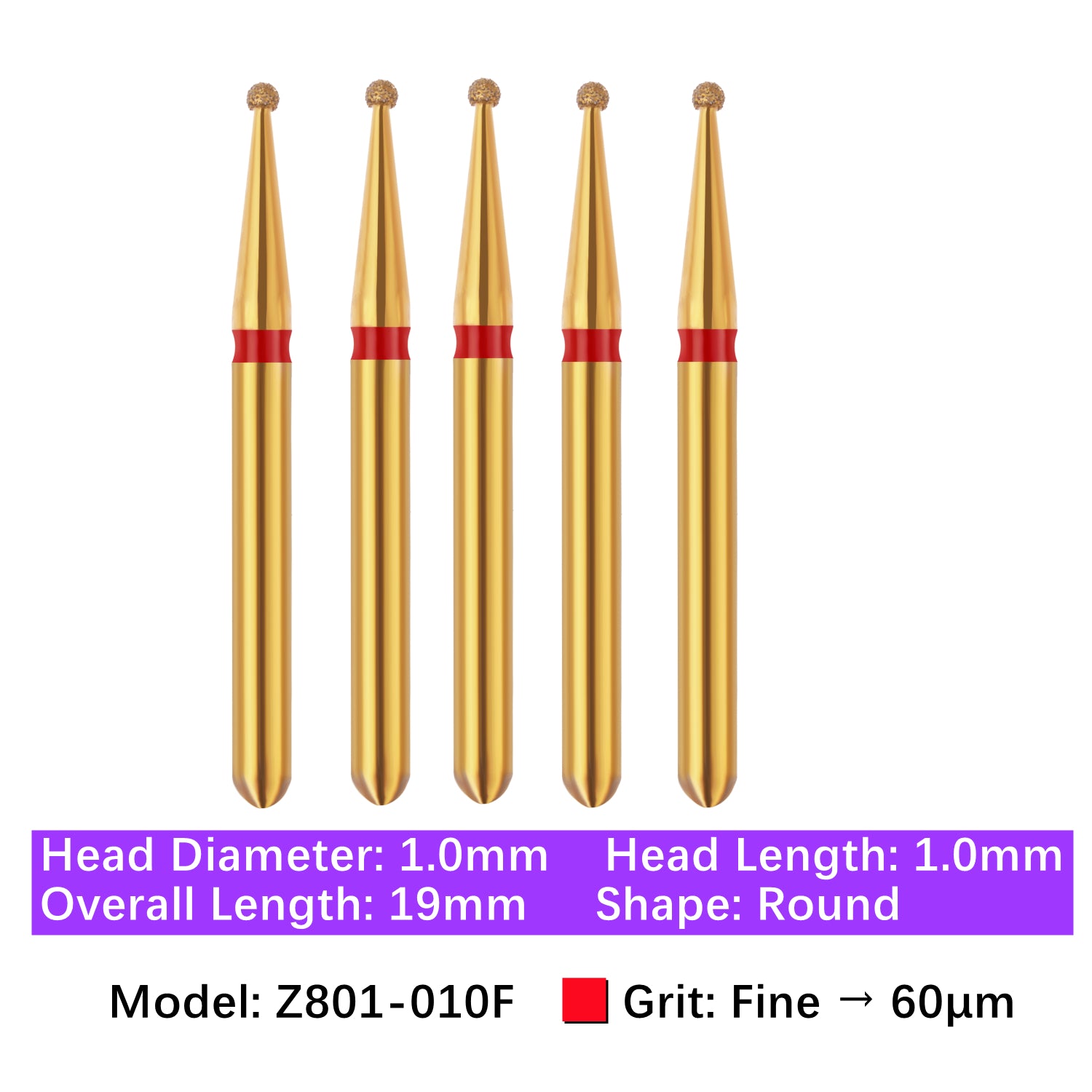 Vakker® Zirconia Cutting Diamond Bur, Z FG # 801-010F, Fine Grit, 5/pk