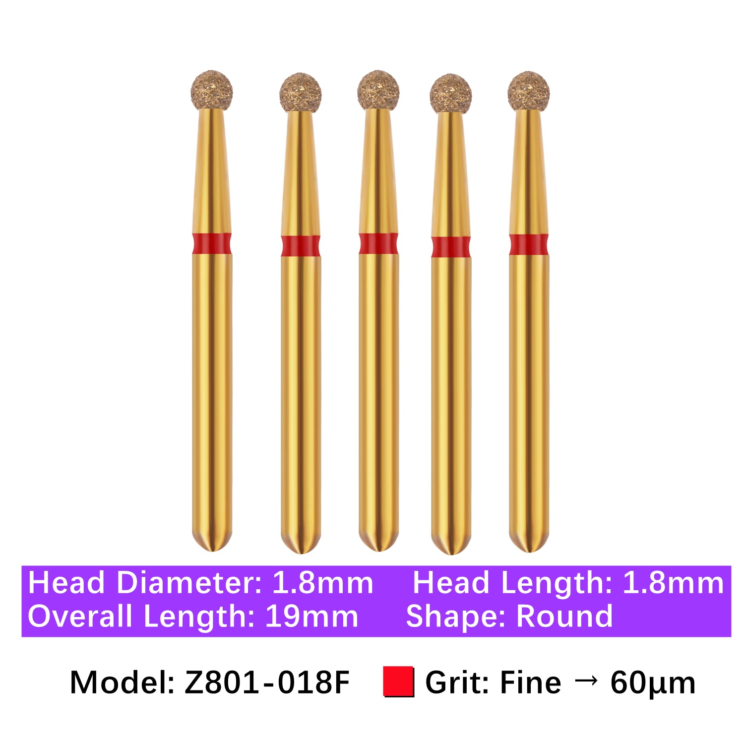 Vakker® Zirconia Cutting Diamond Bur, Z FG # 801-018F, Fine Grit, 5/pk