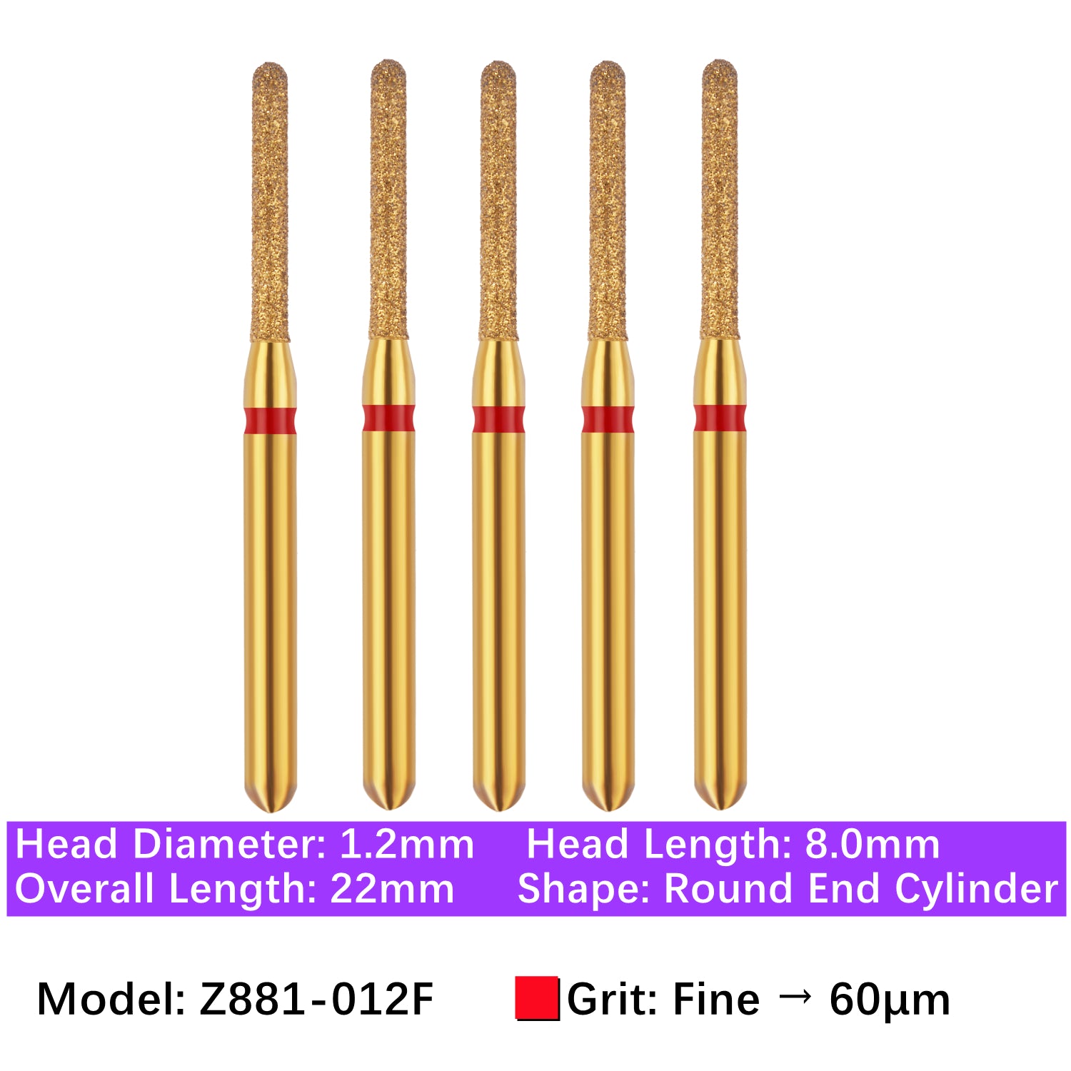 Vakker® Zirconia Cutting Diamond Bur, Z FG # 881-012F, Fine Grit, 5/pk