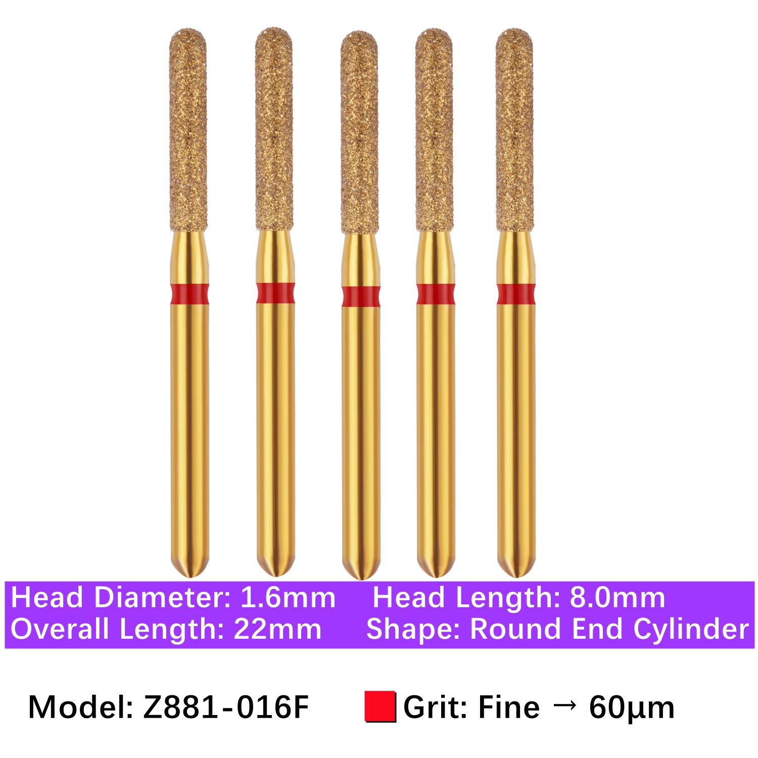 Vakker® Zirconia Cutting Diamond Bur, Z FG # 881-016F, Fine Grit, 5/pk