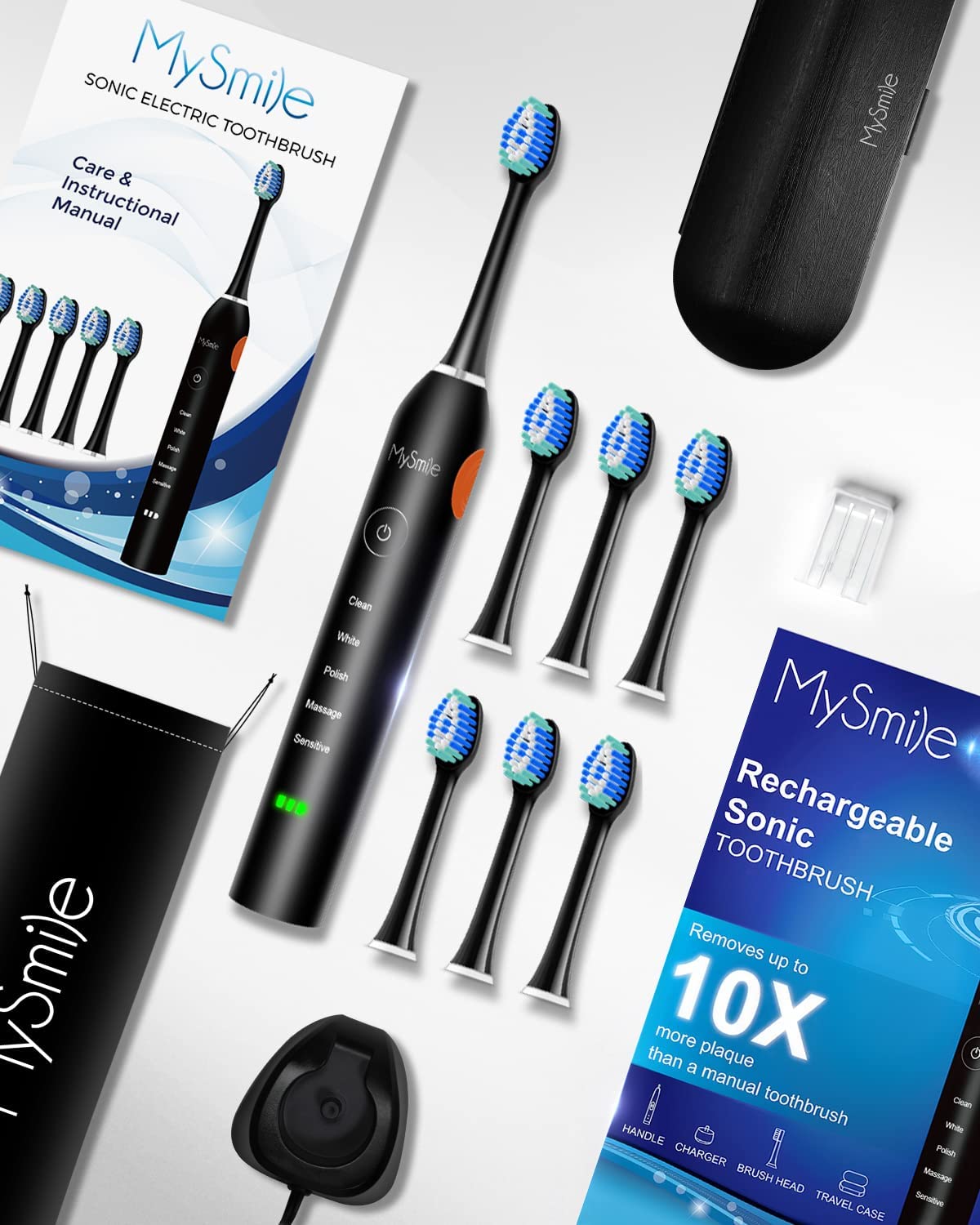 MySmile® Rechargeable Sonic Electronic Toothbrush with 6 Brush Heads & Travel Case